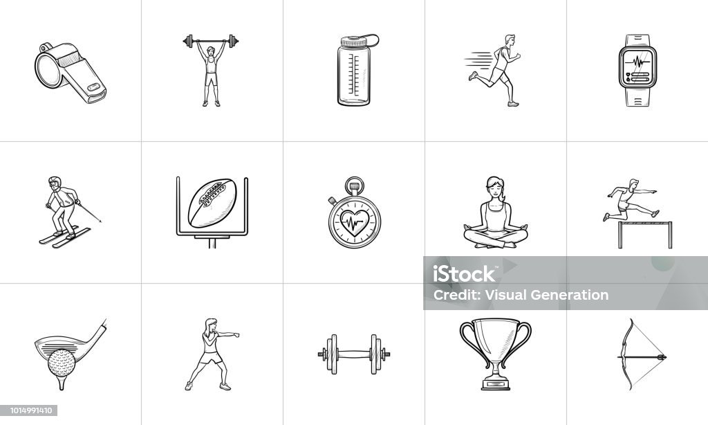 Sport and competition hand drawn outline doodle icon set Sport and competition hand drawn outline doodle icon set. Outline doodle icon set for print, web, mobile and infographics. Gym equipment vector sketch illustration set isolated on white background. Sketch stock vector