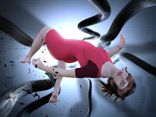 Photorealistic beauty woman illustration. An explosion in space ship and a beautiful victim waiting to be rescued. Fantastic space adventure and women hero. Zero gravity and dangerous space adventure.