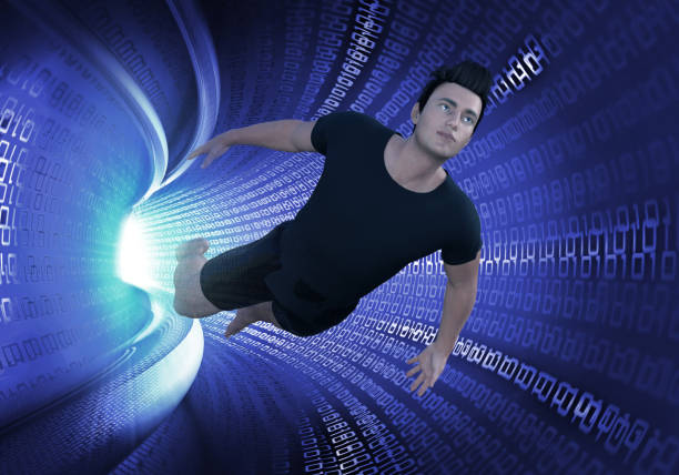 Photorealistic illustration. Zero gravity and dangerous space adventure. Hero men is flying in the binary code tunnel.