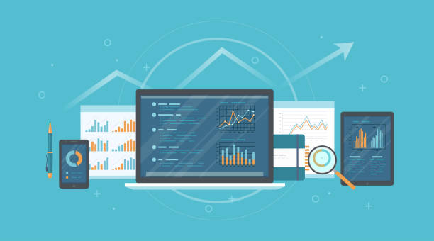 illustrations, cliparts, dessins animés et icônes de audit, recherche, comptabilité, concept de l’analyse. web et service mobile en ligne. documents, diagrammes graphiques sur les écrans d’ordinateur portable, téléphone, tablette, loupe. bannière de fond de commerce. - casting glass