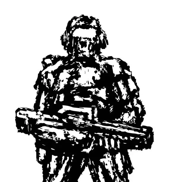 Vector illustration of Soldier standing with assault rifle. Vector graphics.
