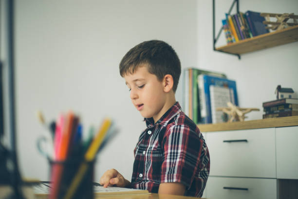 istock Boy studying for school at home 1015022648