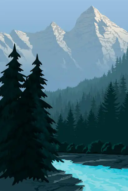 Vector illustration of vector evening in beautiful mountains with river