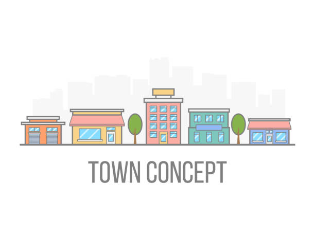 Small town concept. Linear color cityscape. Street with hotel, garage, boutique and cafe. City in flat style isolated on white background. Vector illustration Small town concept. Linear color cityscape. Street with hotel, garage, boutique and cafe. City in flat style isolated on white background. Vector illustration. financial district stock illustrations