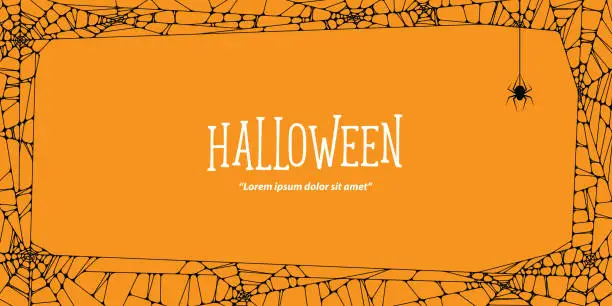 Vector illustration of Halloween  horizontal frame black cobweb and spider on orange background ilustration vector. Halloween concept.