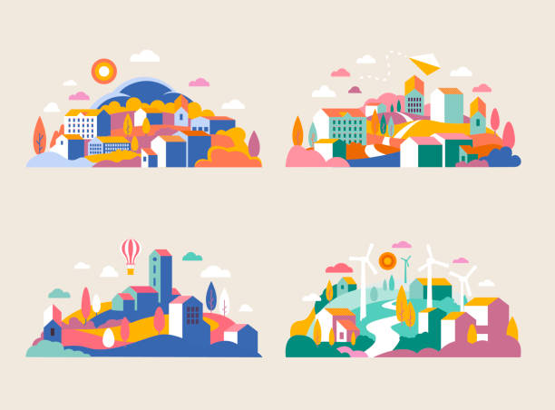 도시 건물, 언덕, 나무와 풍경입니다. 최소한의 기하학적 평면 스타일에 벡터 그림입니다. 프리 배너, 커버에 대 한 반-라운드 구성의 추상 배경. 풍차와 도시 - 도회지 stock illustrations