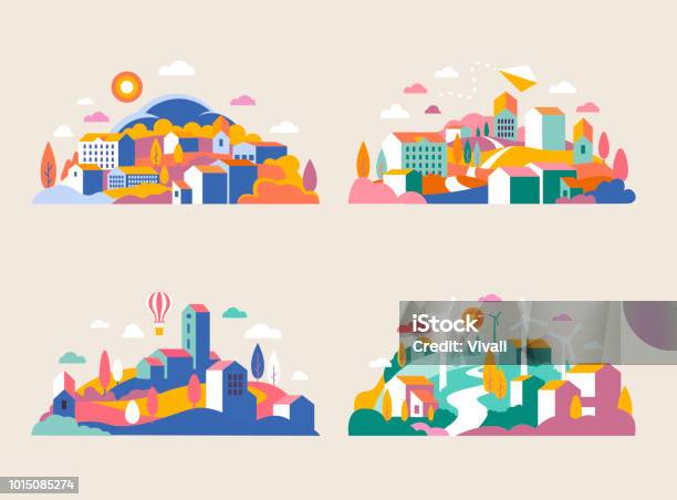 Vetores de Paisagem Da Cidade Com Edifícios Montanhas E Árvores Ilustração Vetorial No Mínimo Estilo Plano Geométrico Abstrato Da Paisagem Na Composição De Meiavolta Para Banners Capas Cidade Com Os Moinhos De Vento e mais imagens de Cidade pequena