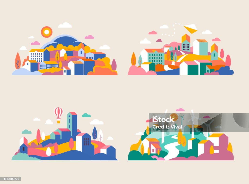 City landscape with buildings, hills and trees. Vector illustration in minimal geometric flat style. Abstract background of landscape in half-round composition for banners, covers. City with windmills Abstract background of landscape in half-round composition for banners, covers. Town stock vector