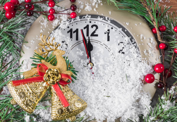 istock Clock with fir branches and Christmas decorations 1015089868