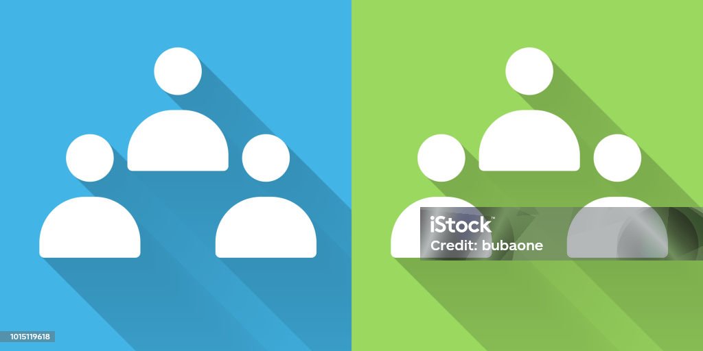 Three People Icon Three People Iconon Blue Green Background with Long Shadow. There are two background color variations included in this file. The icon is rendered in white color and the background is blue or green. There is also a 45 degree long shadow. Blue stock vector