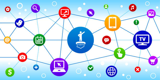 Hovering Technology Internet Communication Technology Triangular Node Pattern Background Hovering Technology Internet Communication Technology Triangular Node Pattern Background. The main icon is in the center of this illustration on a blue circle, it is connected to other circles with technology and modern communication icons on them. The colorful circles form a triangular node pattern and are connected by thin lines. The individual icons include various technology related images such as computers, cell phone, tv set and many more. laptop hover stock illustrations