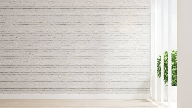 istock Empty room and white brick wall decorate design for artwork. Wood floor and white brick wall space for add message or decoration artwork. Interior simple design. 3D Rendering 1015120484