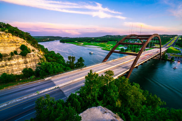summer sunset colorful sky over austin , texas at pennybacker bridge - old town imagens e fotografias de stock