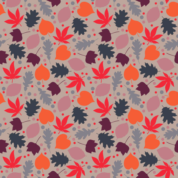 Autumn Leaves Seamless Pattern Fall foliage and dots in colors of purple, orange, gray, and pink wallpaper pattern retro revival autumn leaf stock illustrations
