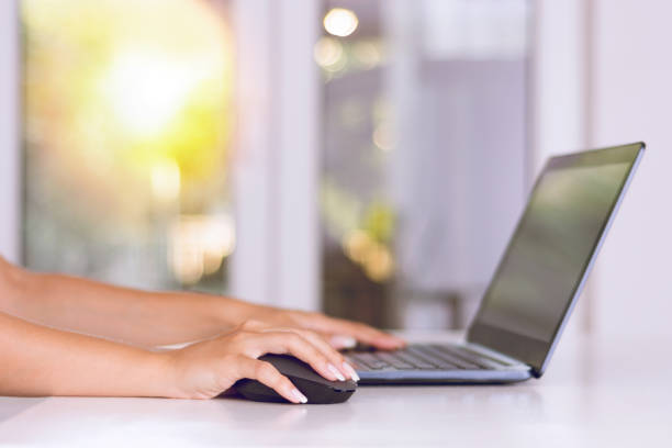Beautiful female hand holding computer mouse and typing on laptop stock photo