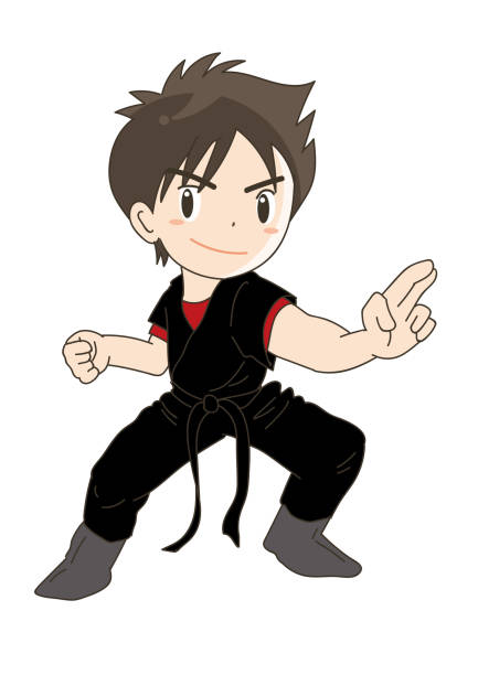 aktion-pose - junge - wushu action aggression power stock-grafiken, -clipart, -cartoons und -symbole