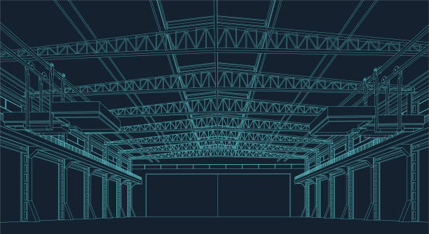 ilustraciones, imágenes clip art, dibujos animados e iconos de stock de ilustración de marco de alambre de una nave industrial o hangar - blue construction built structure indoors