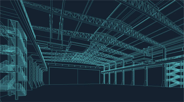 wire frame darstellung einer industriehalle oder hangar - produktionshalle stock-grafiken, -clipart, -cartoons und -symbole