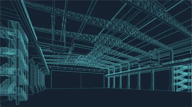 Vector illustration of wire frame illustration of an industrial warehouse or hangar