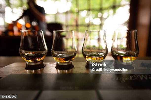 Bourbon Flight With Selective Focus Stock Photo - Download Image Now - Bourbon Whiskey, Tasting, Whiskey