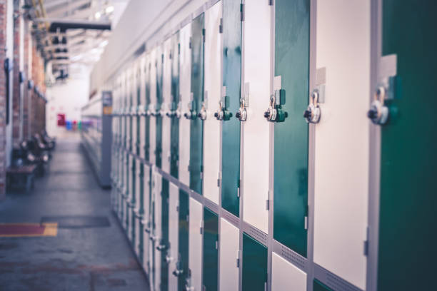 Locker hall Side view of a locker hall in a university. This image is about, student lifes, safety space, security, high school and university places. school sport high up tall stock pictures, royalty-free photos & images