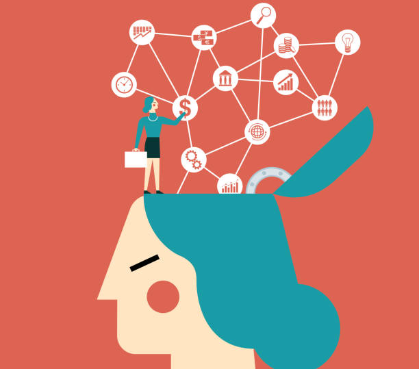 ilustraciones, imágenes clip art, dibujos animados e iconos de stock de mujer de negocios en la cima de una cabeza con iconos - symbol expertise brain power