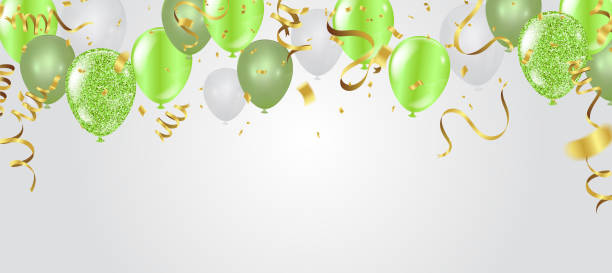 geburtstagskarte mit grünen luftballons. herzlichen glückwunsch zum geburtstag - confetti balloon white background isolated stock-grafiken, -clipart, -cartoons und -symbole