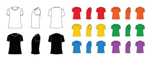 T-shirt mockup simple set, front, side, back view, cartoon style vector art illustration