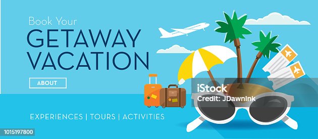 istock Travel banner Getaway vacation tropical island design template 1015197800
