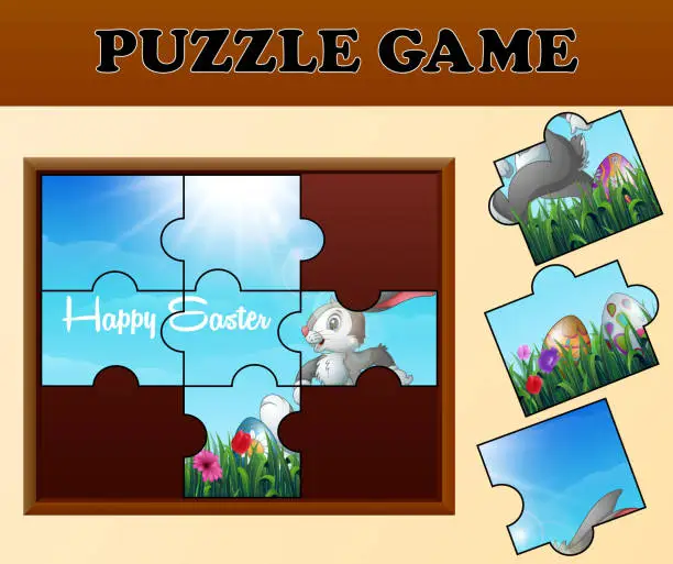 Vector illustration of Jigsaw puzzle game with happy easter bunnies