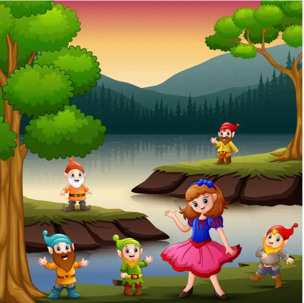 Vector illustration of Snow white with dwarf in the beside the lake