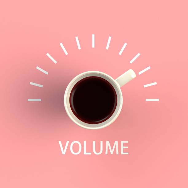 vista superior de uma xícara de café em forma de controle de volume isolado no fundo rosa, ilustração do conceito, renderização em 3d - fresh coffee audio - fotografias e filmes do acervo