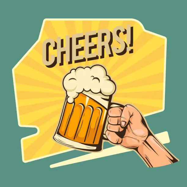 Vector illustration of Cheers Hand Hold A Glass Of Beer Vector Image