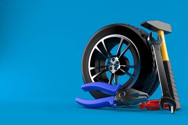 Car wheel with work tools Car wheel with work tools isolated on blue background. 3d illustration car instruments stock pictures, royalty-free photos & images
