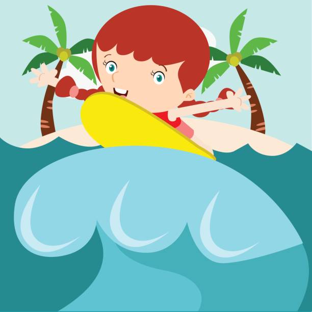 ilustrações de stock, clip art, desenhos animados e ícones de adorable little braided girls are surfing the sea while vacationing on summer beaches, cartoon character - cartoon little girls surfing child