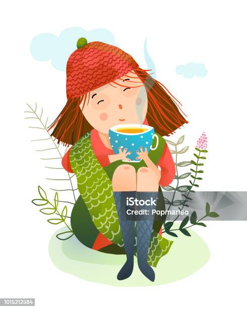 Autumn Girl And Warm Cup Of Tea Stock Illustration - Download Image Now - Tea - Hot Drink, Drinking, Autumn