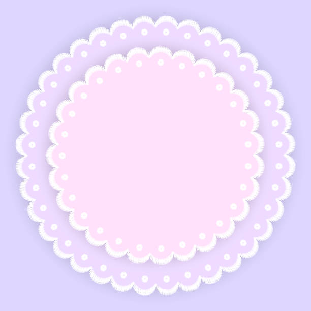 ilustraciones, imágenes clip art, dibujos animados e iconos de stock de rosa púrpura y blanco tapetitos de círculo de borde festoneado de encaje bordado, plantilla tarjeta, vector - scalloped