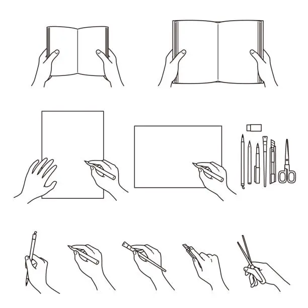 Vector illustration of hand gestures 02,  books, stationery, writing tools