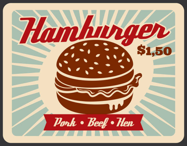 fast-food retro-poster mit hamburger sandwich - hamburger schnellgericht stock-grafiken, -clipart, -cartoons und -symbole