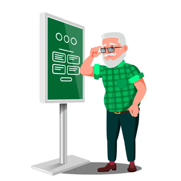 Vector illustration of Old Man Using ATM, Digital Terminal Vector. Interactive Informational Kiosk. Electronic Self Service Payment System. Isolated Flat Cartoon Illusration