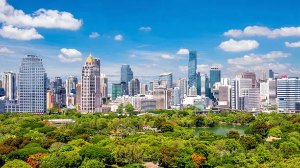 Bangkok city skyline with Lumpini park  from top view in Thailand