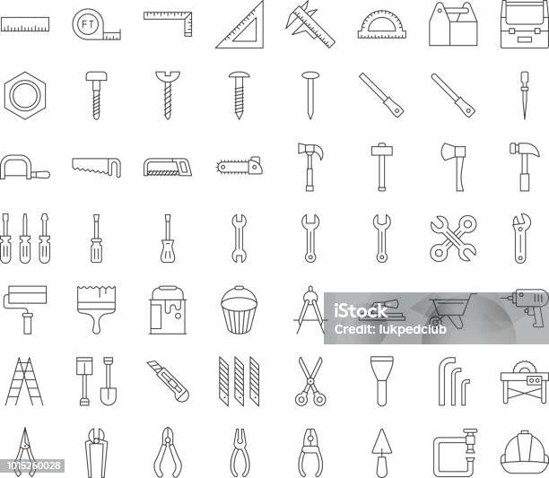 Carpenter Handyman Tool And Equipment Icon Set Outline Design Stock Illustration - Download Image Now
