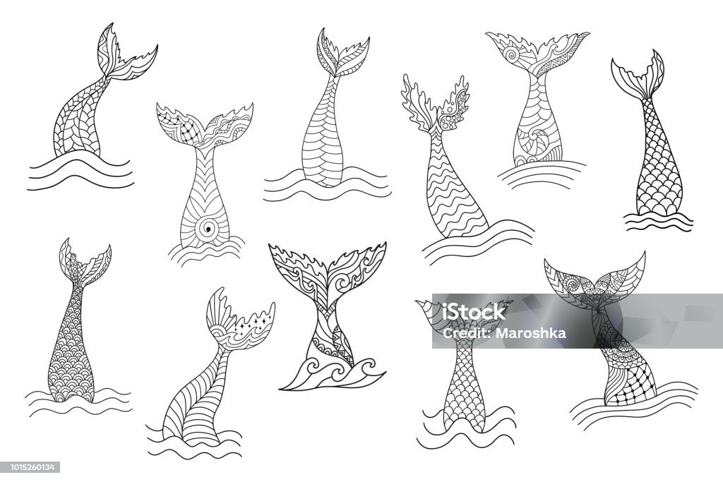 Set of hand drawn ornamental mermaid's tails Set of hand drawn ornamental mermaid's tails. Doodle cartoon vector illustration isolated on white background. Coloring book pages for adult anti stress. Mermaid stock vector