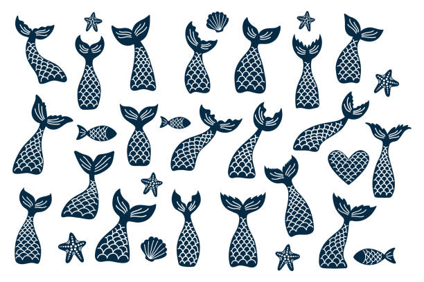 Hand drawn marine elements Set of vector mermaid's tail, fishes, starfishes, shells silhouettes. Hand drawn marine elements. Vector illustration isolated on white background. whale tale stock illustrations