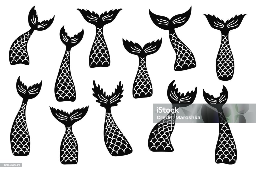 Set of hand drawn mermaid's tail silhouettes Set of hand drawn ornamental mermaid's tail silhouettes. Doodle cartoon vector illustration isolated on white background. Mermaid stock vector