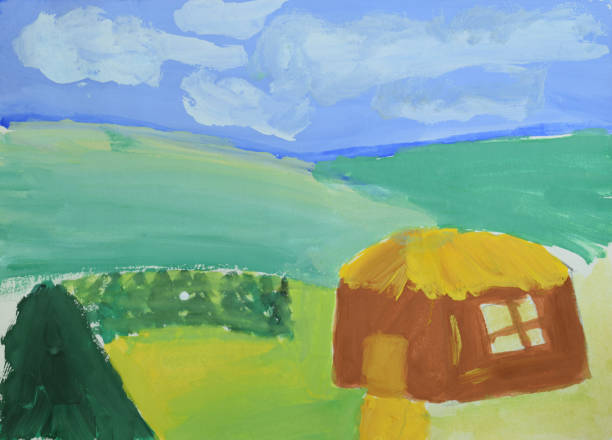 istock Children's drawing: small house, mountains, summer forest and blue sky. Drawing in watercolor 1015261078