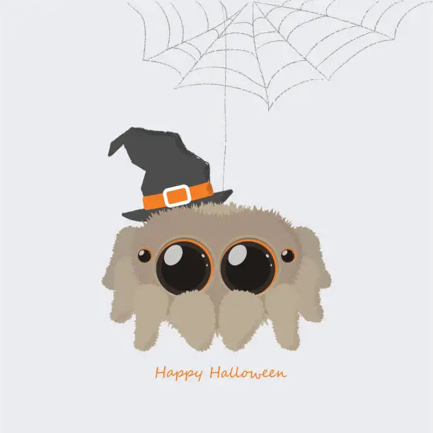Vector illustration of Happy Halloween card, cute spider and web hand drawn vector.
