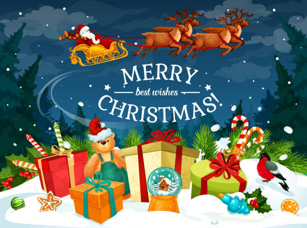 ilustrações, clipart, desenhos animados e ícones de presente de natal e papai noel trenó cartão - santa claus sleigh toy christmas