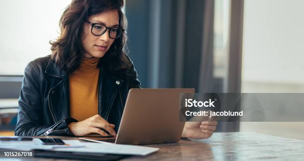 Asian Woman Working Laptop At Office Stock Photo - Download Image Now - Laptop, Women, People