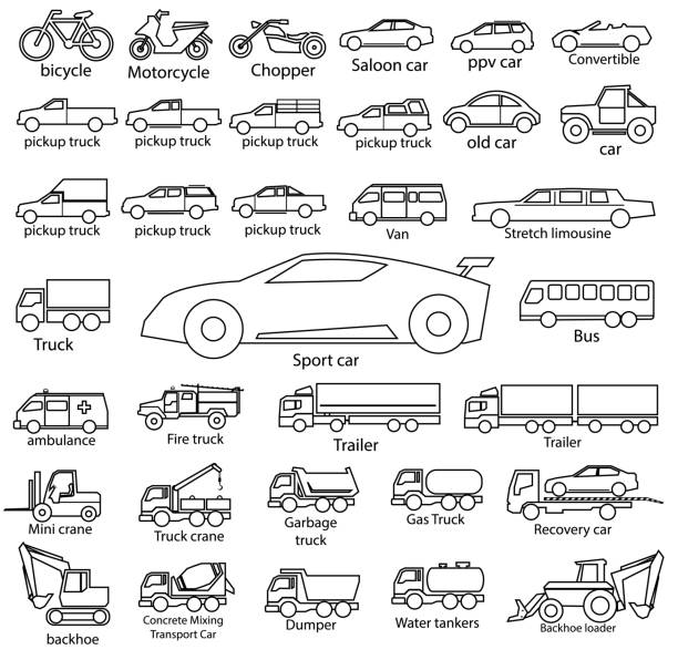 car icon set, vector outline automobile cars car icon set, vector outline automobile cars saloon car stock illustrations